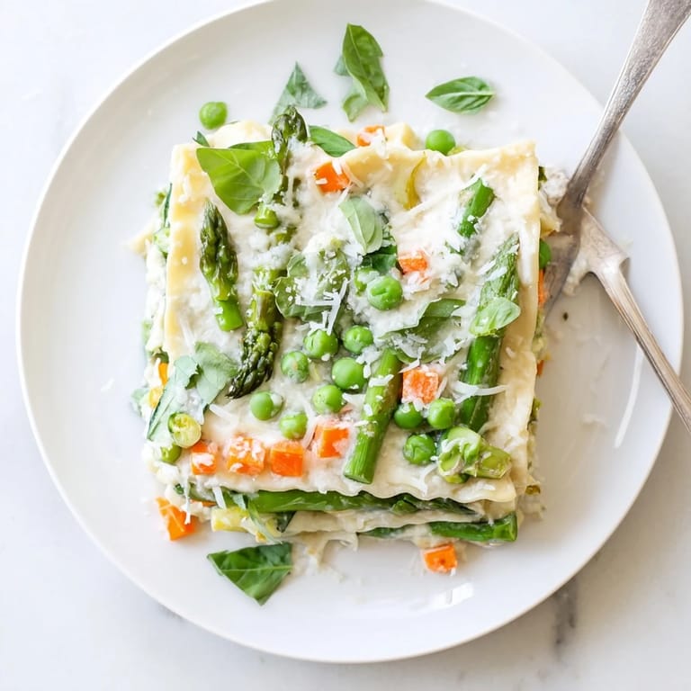 Spring Veggie Alfredo Lasagna served in a baking dish with a green salad and glass of Pinot Grigio, perfect for a light vegetarian dinner.