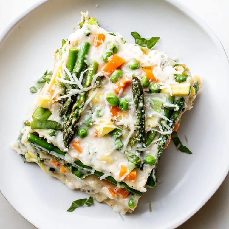 A close-up slice of Spring Veggie Alfredo Lasagna revealing tender spring vegetables and ricotta layers on a white ceramic plate, garnished with fresh basil.