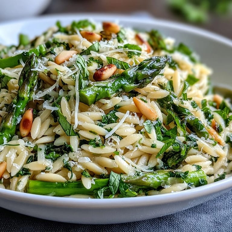 Fork-tender orzo and crisp shaved asparagus mingle with pine nuts in this bright Asparagus Lemon Orzo Salad, finished with fresh herbs.