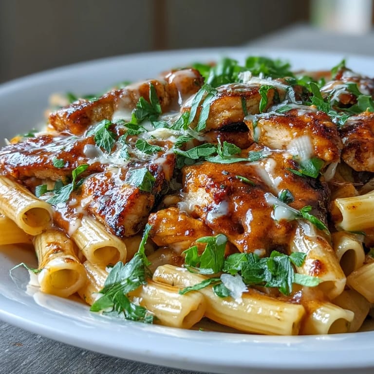 Seared chicken and penne coated in luscious honey chipotle sauce, ready to serve.