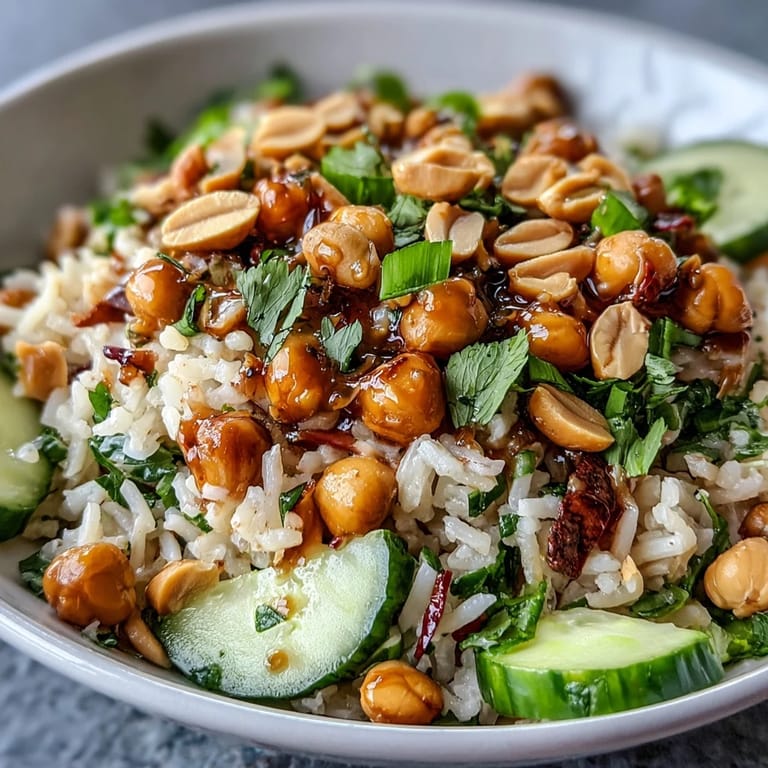 Colorful salad bowl packed with chickpeas, rice, fresh veggies, and peanuts.