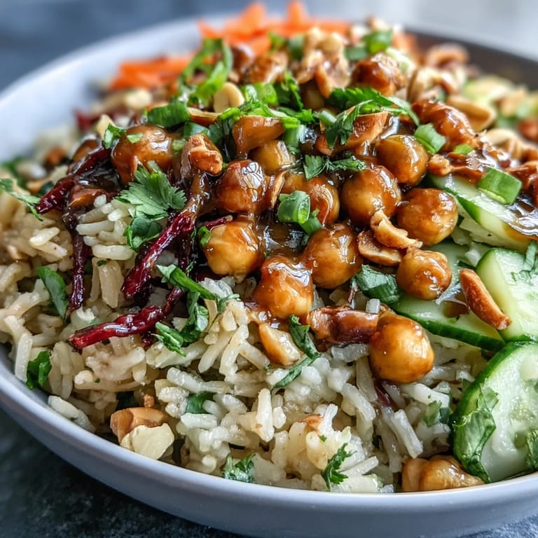 Hearty vegan Peanut Chickpea Rice Bowl ready to be enjoyed.
