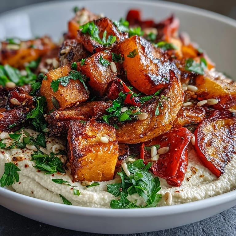 Hearty roasted vegetables crowning creamy butter bean hummus, a perfect winter meal.