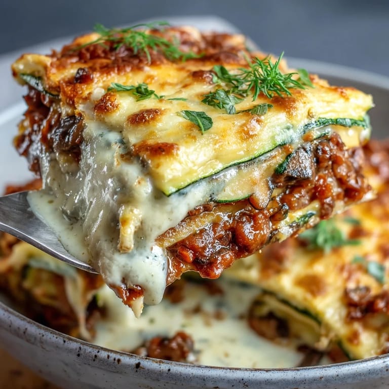 Comforting one-pan smoky veggie lentil lasagne bubbling golden brown in baking dish.