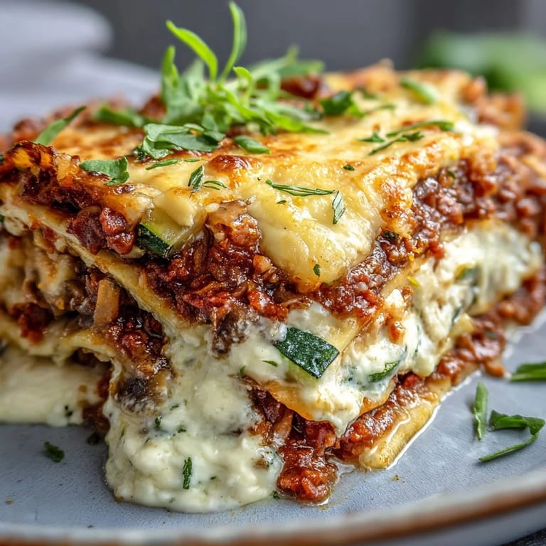 Hearty vegetarain lentil lasagne, layered with rich béchamel, fresh basil garnish.