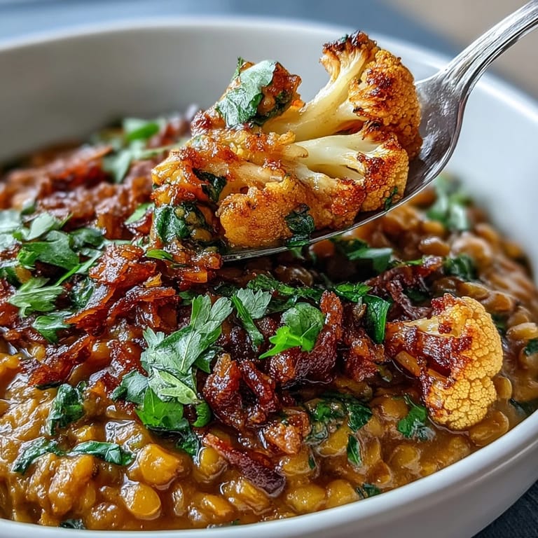 Golden roasted cauliflower over creamy red lentil dhal, perfect for dinner.