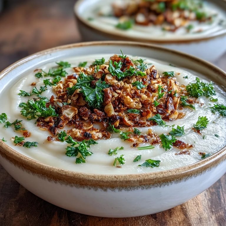 Creamy celeriac soup dish, showcasing earthy flavors and a delightful hazelnut crumble garnish.