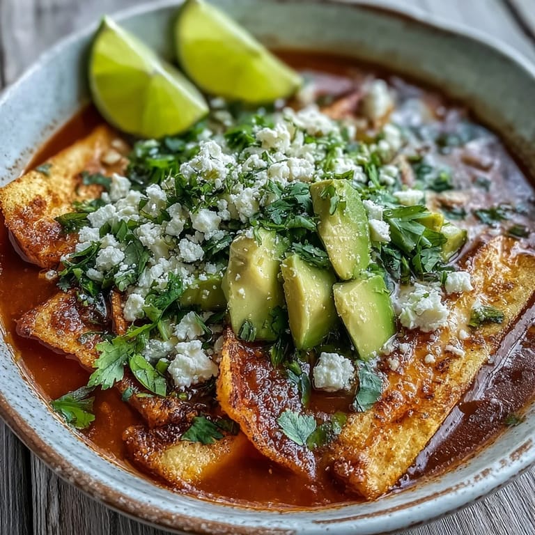 A vibrant bowl of Sopa Azteca highlights red broth, crunchy strips, diced avocado, and a cool crema drizzle.