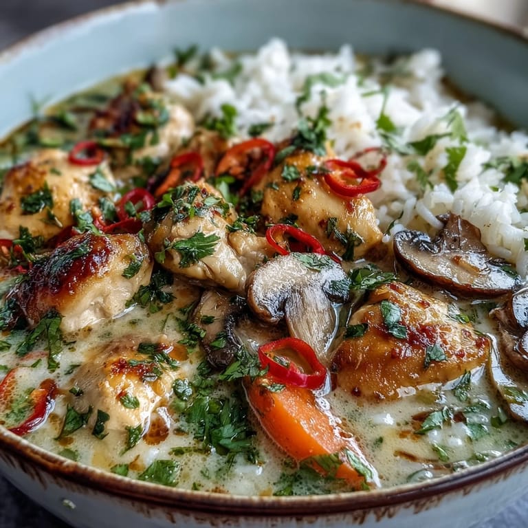Creamy Thai Coconut Curry Soup in a rustic pot, simmering with jasmine rice and aromatic herbs, a spoon dipping into the golden broth.