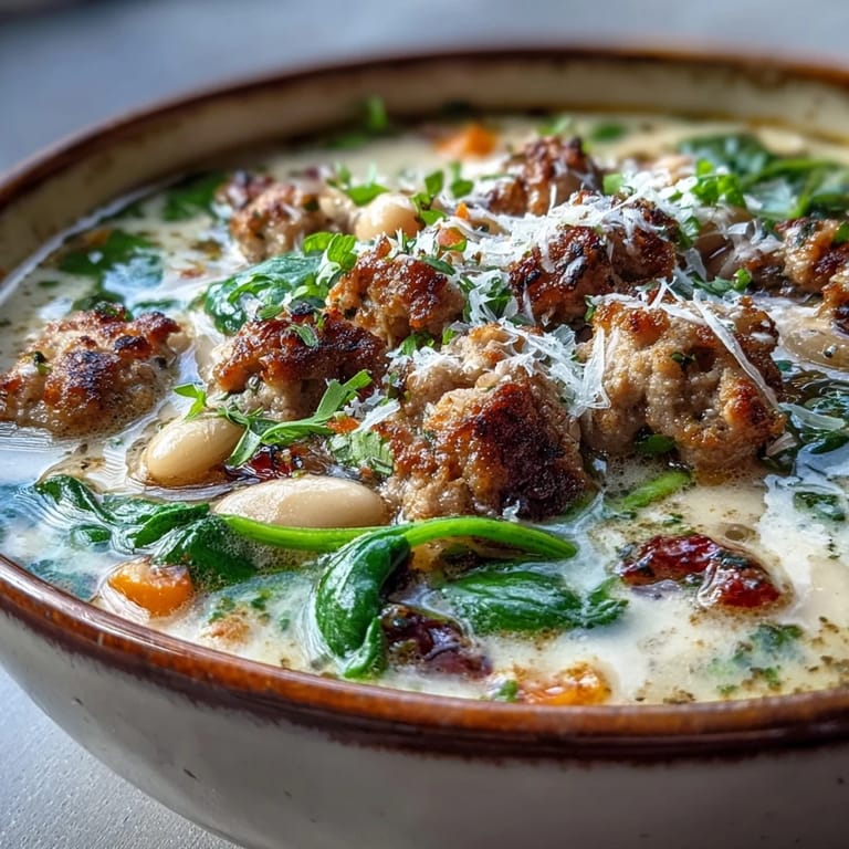 Hearty Epic Creamy Tuscan White Bean Soup With Sausage served in a rustic bowl with a side of crusty bread.  