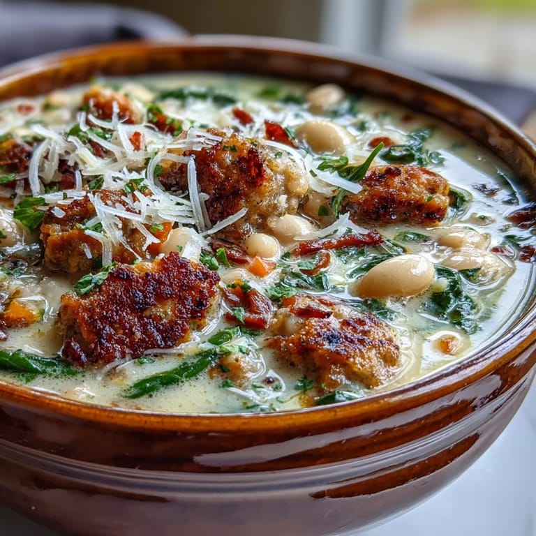 Close-up of Epic Creamy Tuscan White Bean Soup With Sausage, featuring crumbled sausage and creamy white bean broth.