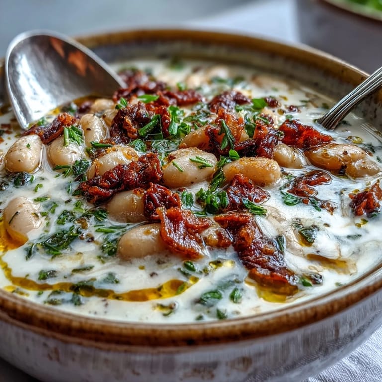 Rich Creamy Tuscan White Bean Soup served with a crusty bread slice for dipping into the velvety broth.  