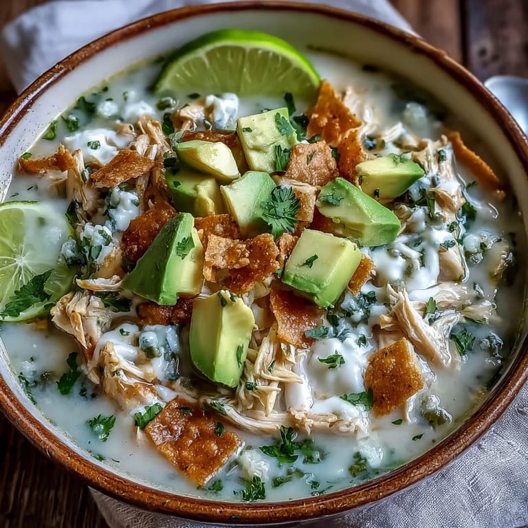 A bowl of Creamy Chicken Tortilla Soup topped with diced avocado, fresh cilantro, and crushed tortilla chips, served with lime wedges.  