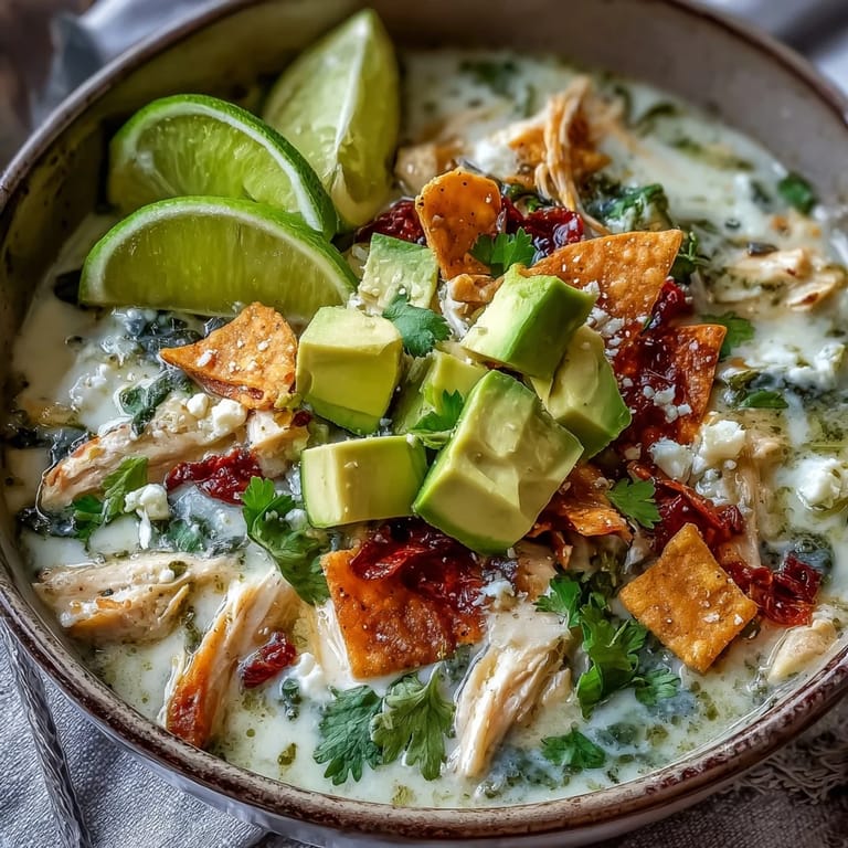 Close-up of Creamy Chicken Tortilla Soup, highlighting creamy texture and colorful toppings, perfect for a comforting Tex-Mex meal.