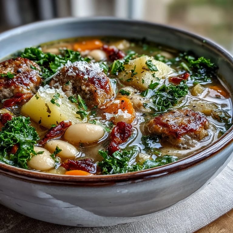 Close-up of Tuscan White Bean Sausage Soup highlighting chunks of potato, cannellini beans, and savory Italian sausage in a ladle.