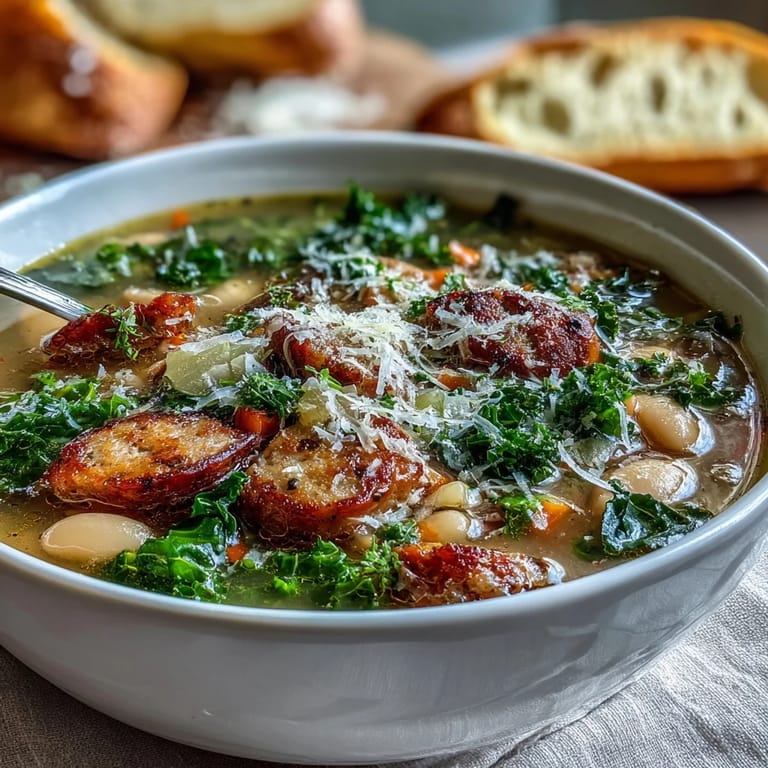 A rustic close-up of Italian White Bean Soup with Kale and Sausage, featuring creamy beans, vibrant greens, and browned sausage.