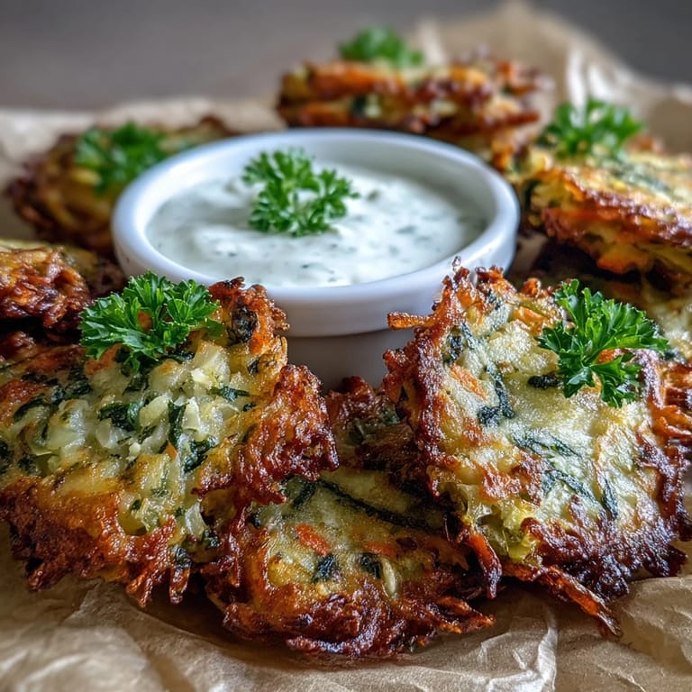 A close-up of tender Cabbage Fritters with Dipping Sauce, stacked high on a rustic wooden serving board.