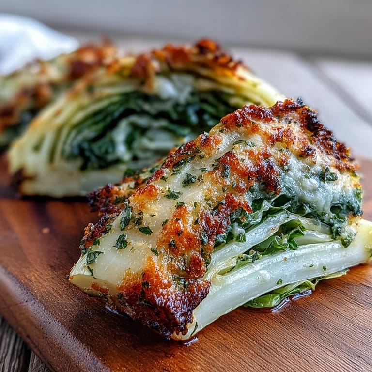 Freshly roasted cabbage wedges drizzled with garlic oil, topped with melted Parmesan and herbs.