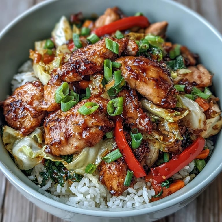 A close-up view of a serving of Chicken Cabbage Stir-Fry on jasmine rice with sesame seeds sprinkled on top.