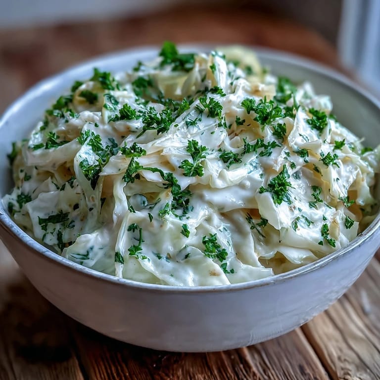 Creamed Cabbage side dish in a rustic ceramic bowl with a wooden spoon, showing tender shredded cabbage coated in silky sauce.