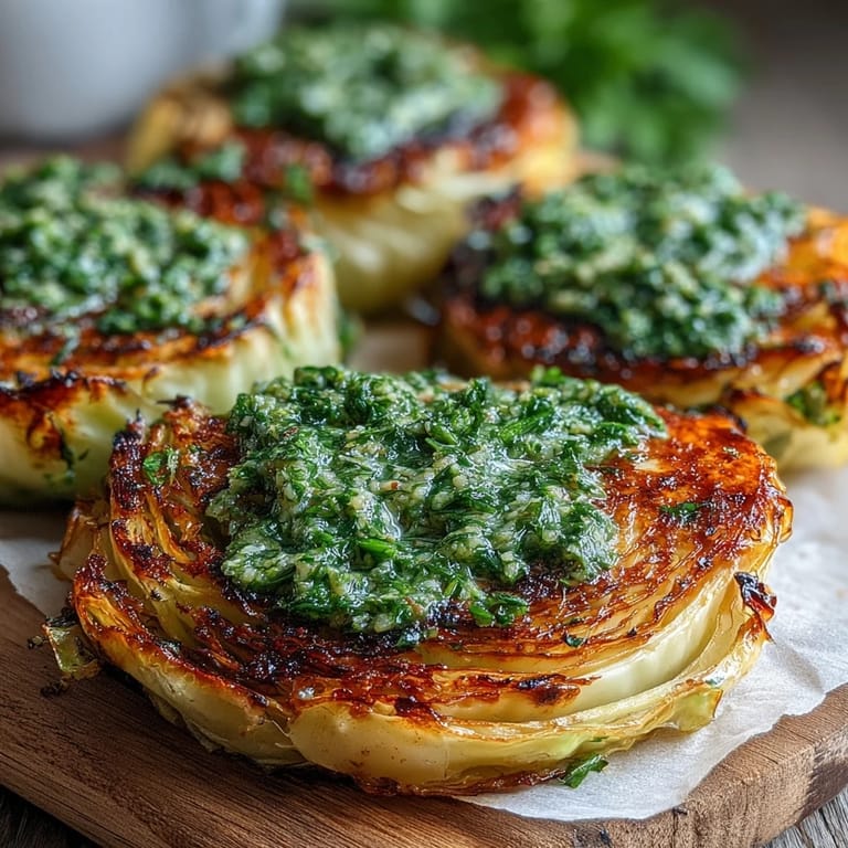 A rustic platter of Cabbage Steaks With Jalapeño Chimichurri, with crisp edges and a bold, garlicky herb drizzle.