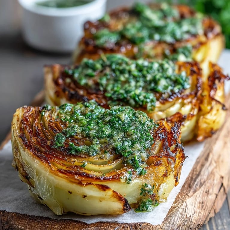 Caramelized Cabbage Steaks With Jalapeño Chimichurri served as a hearty vegan main, topped with spicy, fresh chimichurri.