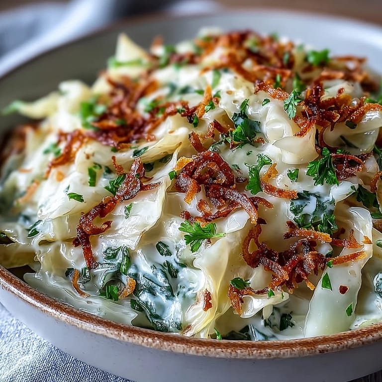 Close-up of silky Coconut Braised Cabbage in a skillet, glowing with turmeric and cumin spices.