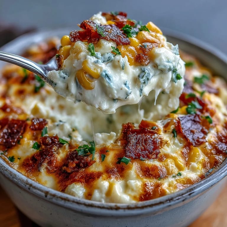 A close-up view of homemade Crack Corn Dip, highlighting the rich, cheesy texture and spicy jalapeño pieces, perfect for game day appetizers.