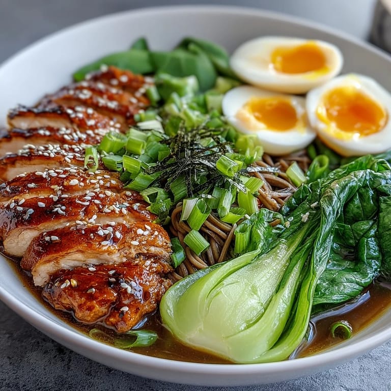 Sliced chicken and chewy soba noodles in Healthy Miso Chicken Noodle Bowls are garnished with nori strips and chili oil for serving.