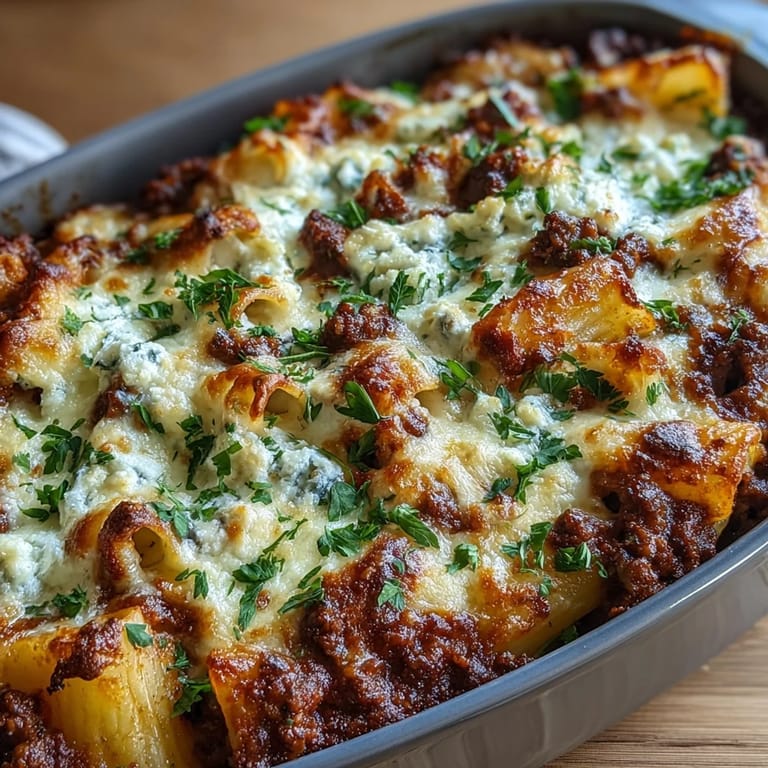 Creamy Cottage Cheese Protein Pasta Bake with ground beef in white ceramic dish