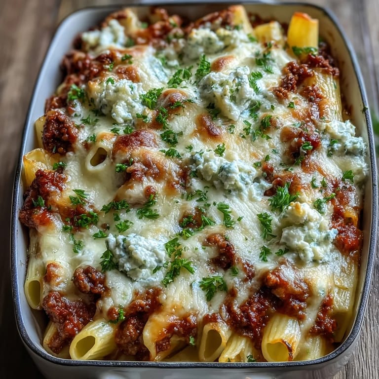 Rich Cottage Cheese Protein Pasta Bake with ground beef topped with fresh basil