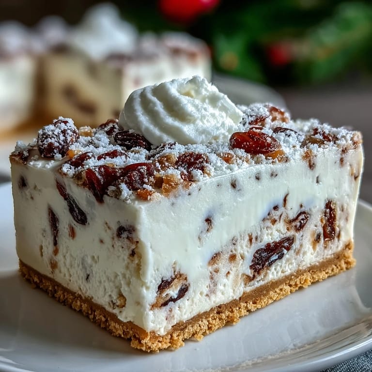 Close-up of a square of Christmas Cheesecake Slab, revealing a velvety cream cheese filling on a crunchy biscuit base.