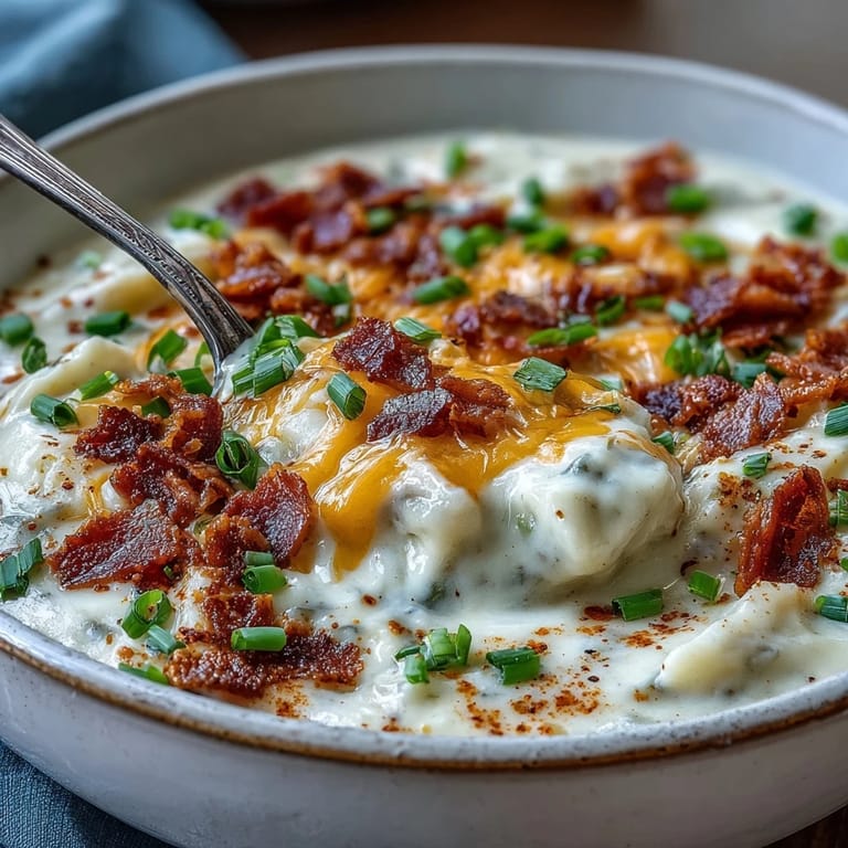A hearty bowl of Loaded Potato Soup garnished with cheese and bacon, perfect for cozy cold-weather dinners.
