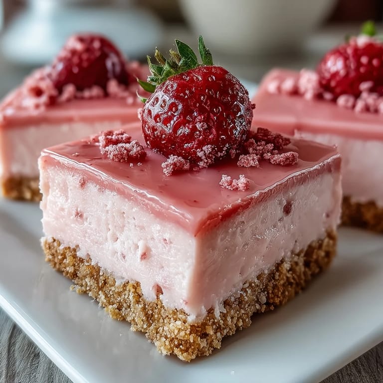 Vibrant No-Bake Strawberry Fudge Squares cut into neat squares, showing a smooth pink fudge layer atop a crunchy graham cracker crust.