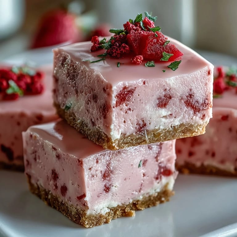 Chilled No-Bake Strawberry Fudge Squares ready to serve, with a fork nearby for a sweet and tangy dessert treat.