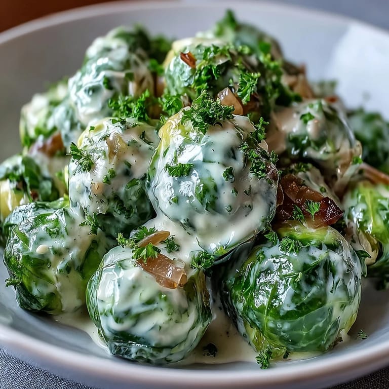 Tender Brussels sprouts in a rich cream cheese-mustard sauce with onions, garlic, and a lemon garnish.