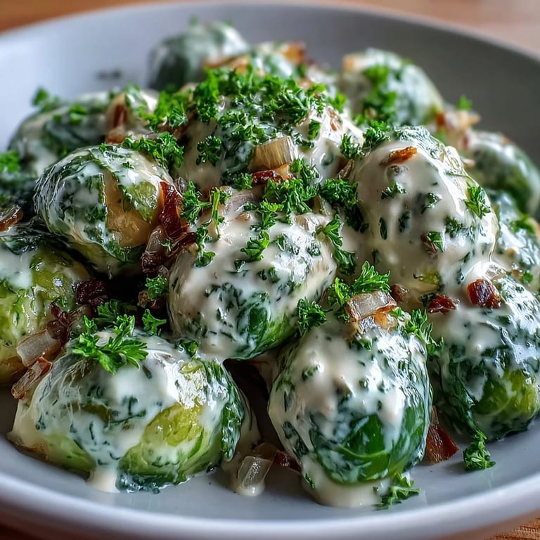 Golden Brussels sprouts tossed in a creamy Dijon and cream cheese sauce, perfect for a vegetarian dinner side.