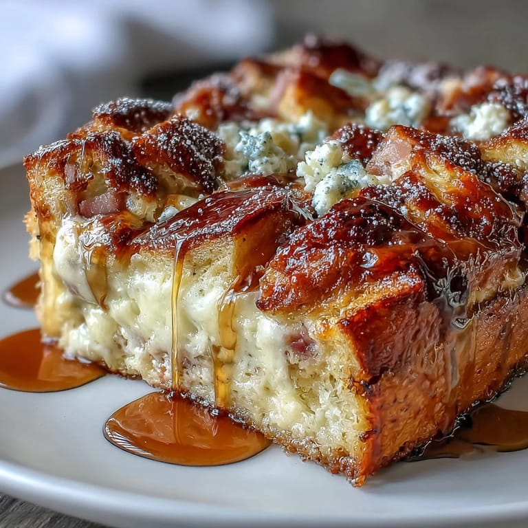 A warm slice of Monte Cristo Breakfast Casserole served on a plate with fresh berries and maple syrup.