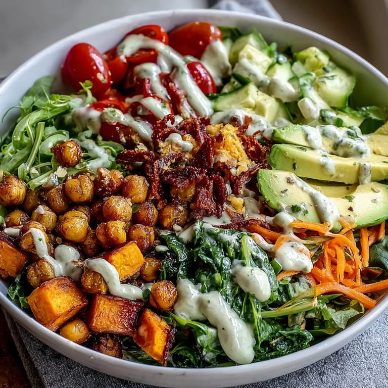 Overhead view of a healthy Breakfast Buddha Bowl with mixed greens and golden roasted chickpeas.