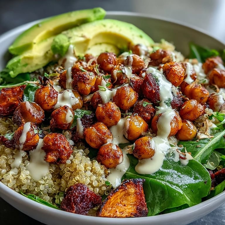 A vibrant bowl of Roasted Chickpea Power Bowl with creamy tahini dressing and fresh avocado slices.