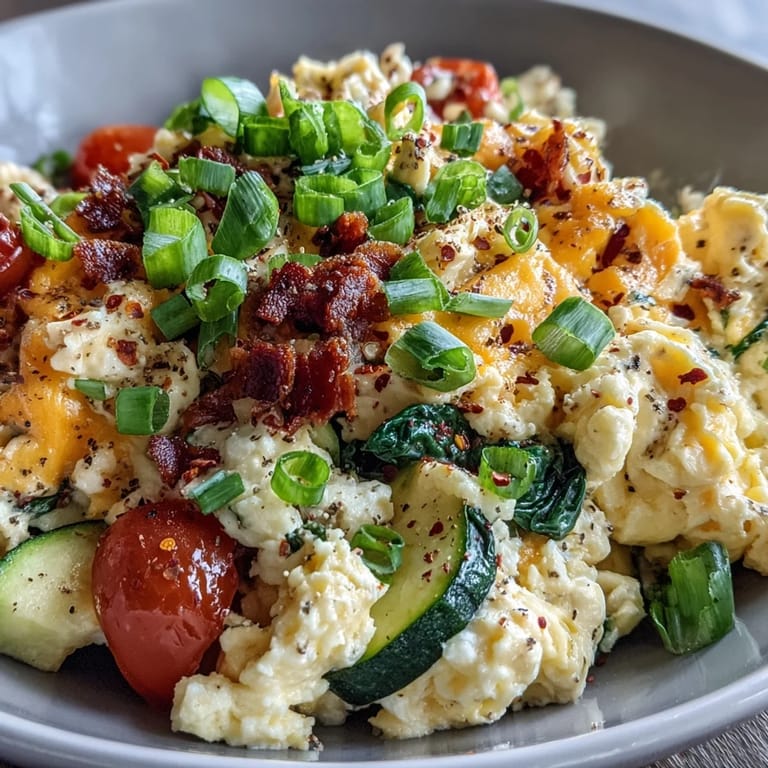 A warm, single-serving Scrambled Egg and Veggie Bowl featuring soft egg curds, sautéed zucchini, and wilted spinach, ready to enjoy for breakfast.
