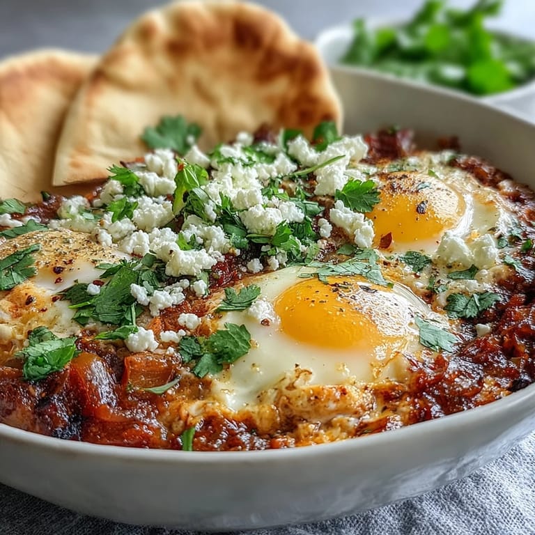 A close-up of a vibrant shakshuka bowl, featuring poached eggs in rich tomato sauce topped with cilantro.