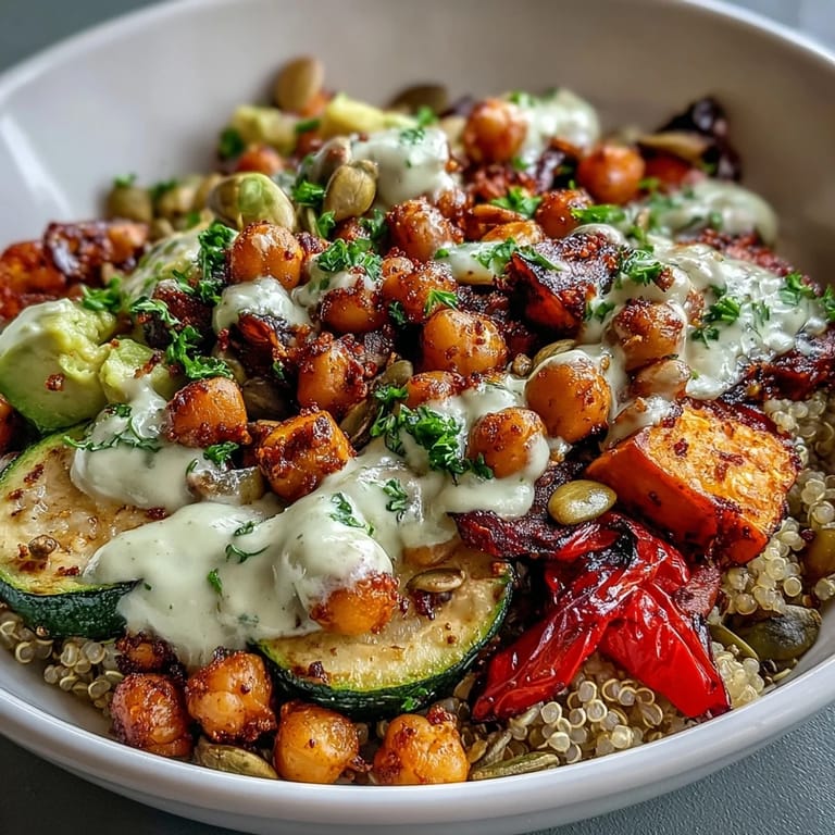 A close-up of a hearty Chickpea Power Bowl reveals sliced avocado, juicy cherry tomatoes, and crunchy pumpkin seeds over warm, spiced chickpeas.