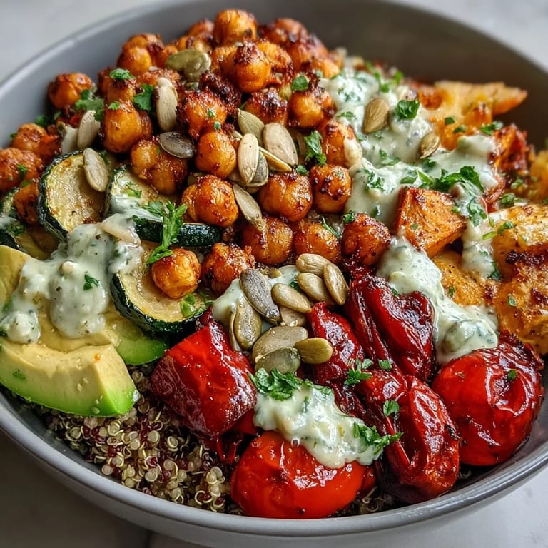 A freshly assembled Chickpea Power Bowl with quinoa, roasted vegetables, and tahini drizzle, ready for a satisfying vegan lunch or dinner.