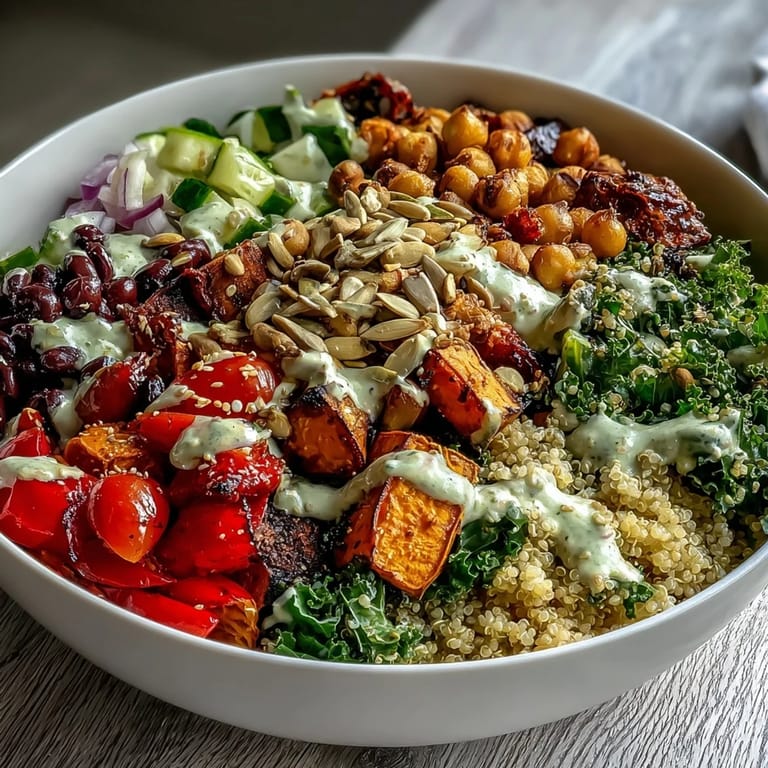 Healthy, plant-based Meal Prep Week-Long Power Bowl garnished with crunchy almonds, pumpkin seeds, and fresh spinach for a nourishing lunch.