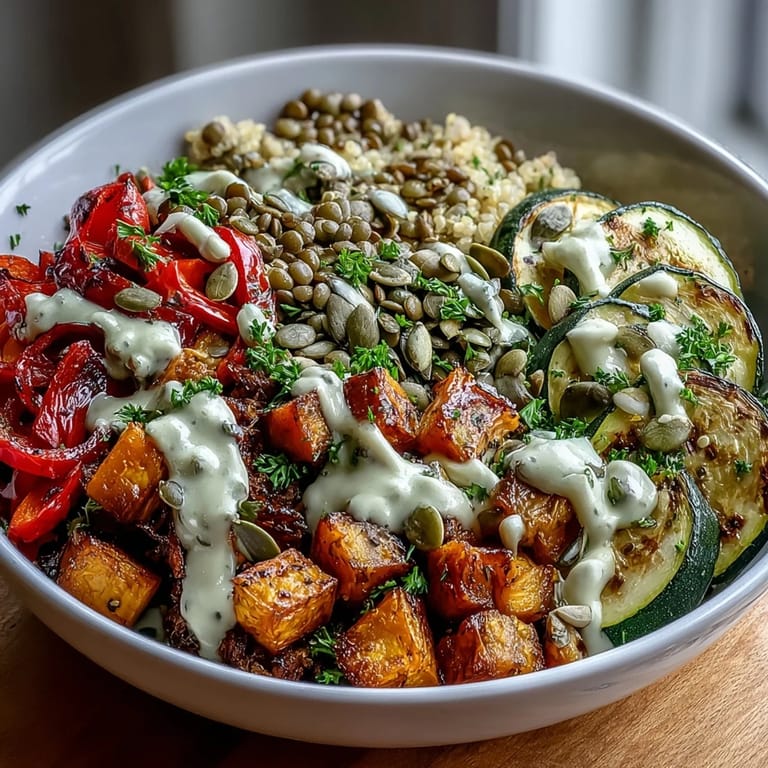 A golden tahini drizzle cascades over grains and smoky sweet potatoes in this bowl.