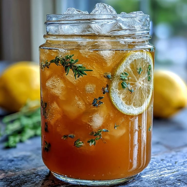 Close-up of lavender honey lemonade in a glass with ice and a sprig of lavender, bursting with floral citrus aroma.