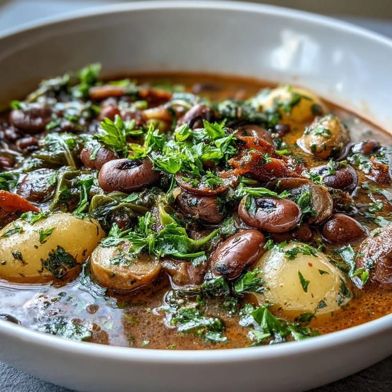 Smoky, slow-cooked Soul Food Black-Eyed Pea and Collard Green Stew served with golden cornbread, perfect for a warming family dinner.