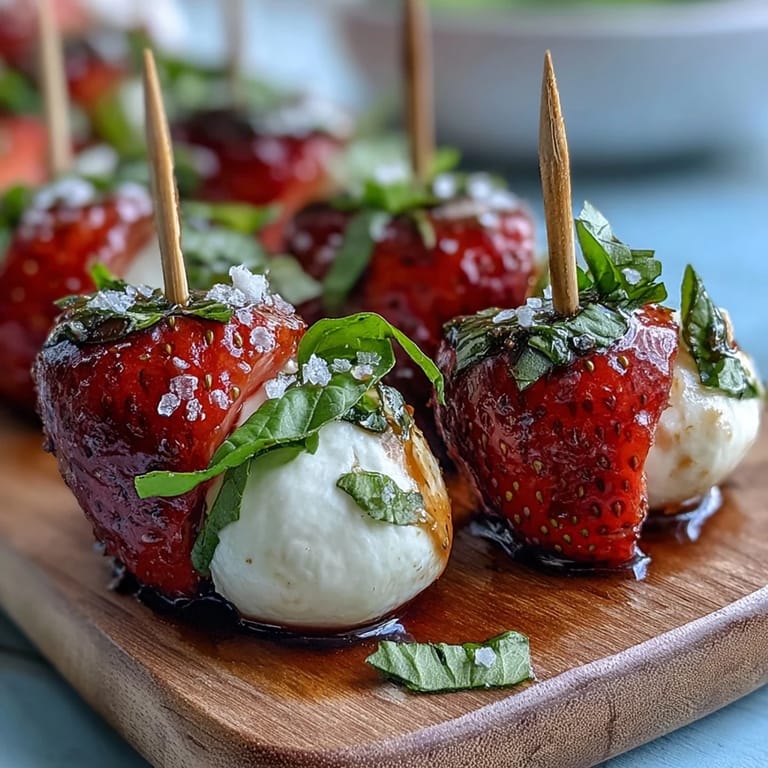 Vibrant strawberry and mozzarella skewers drizzled with balsamic glaze, garnished with fresh basil for a refreshing appetizer.