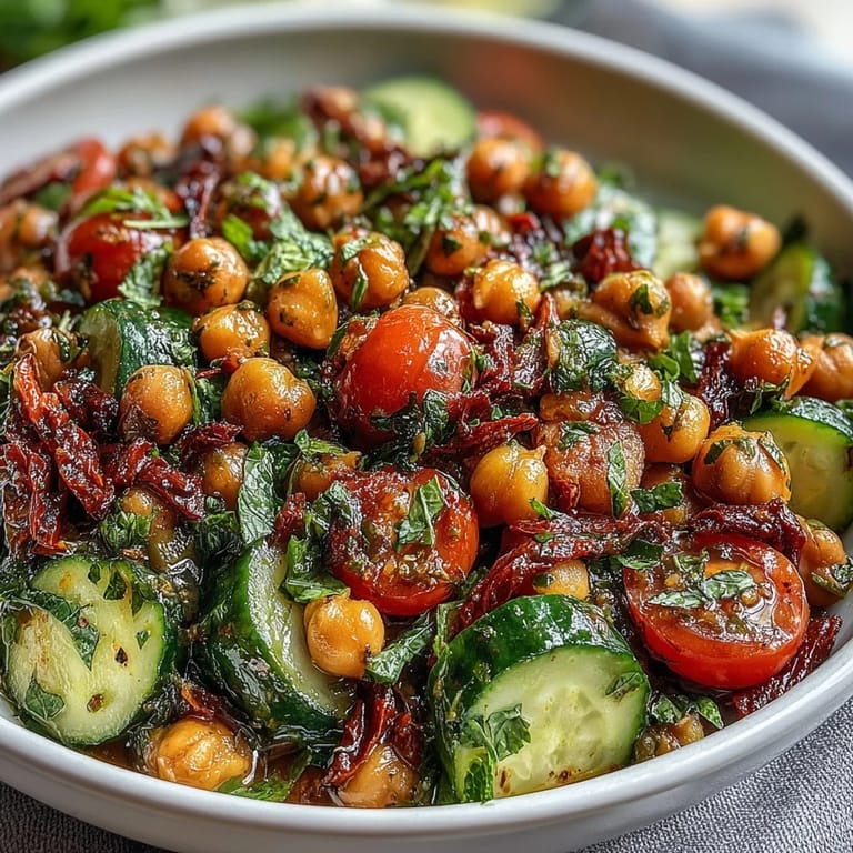 Colorful Healthy Easy Cucumber Chickpea Salad with Lemon Vinaigrette featuring crisp cucumbers, juicy cherry tomatoes, and hearty chickpeas, perfect for a refreshing vegan lunch.